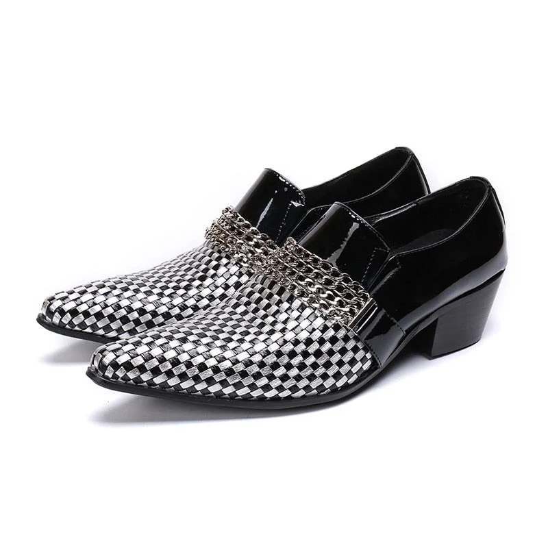 Loafers for women with stylish platform design for extra height and style-Men's Fashion Business Checkered Genuine Leather Pointed Toe Loafers