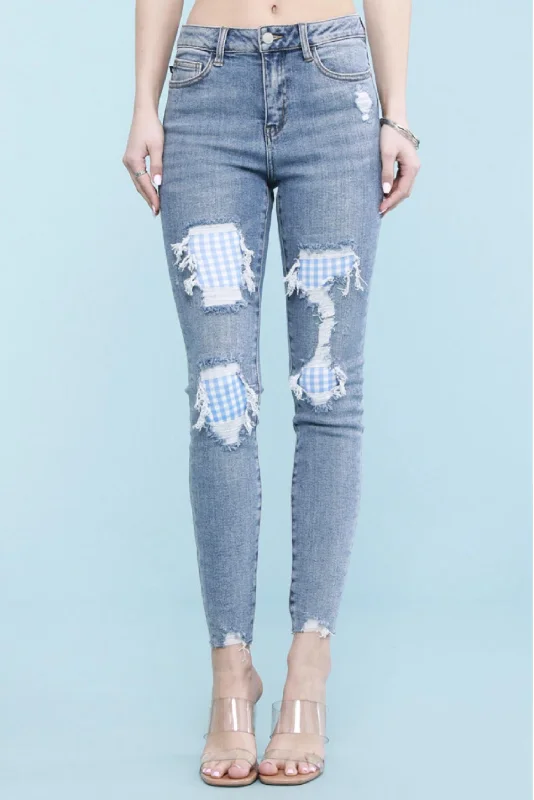 Boho-inspired tight trousers for women with earthy tones and relaxed fit -Sweet Summer Skinny Jeans In Blue Gingham Patch