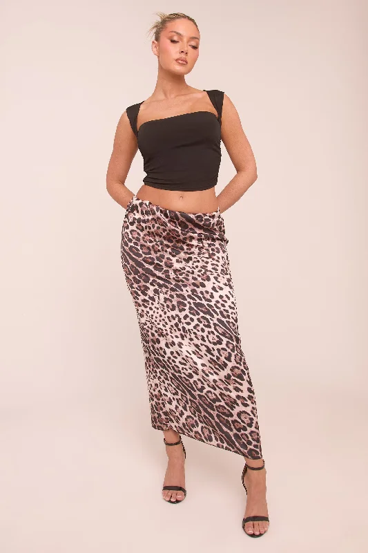 Sundress Dresses for Sunny -Brown Leopard Print Satin Maxi Skirt - Bonie