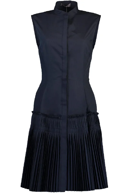 Work Dresses for Professional -Pleated Flare Hem Dress - Navy