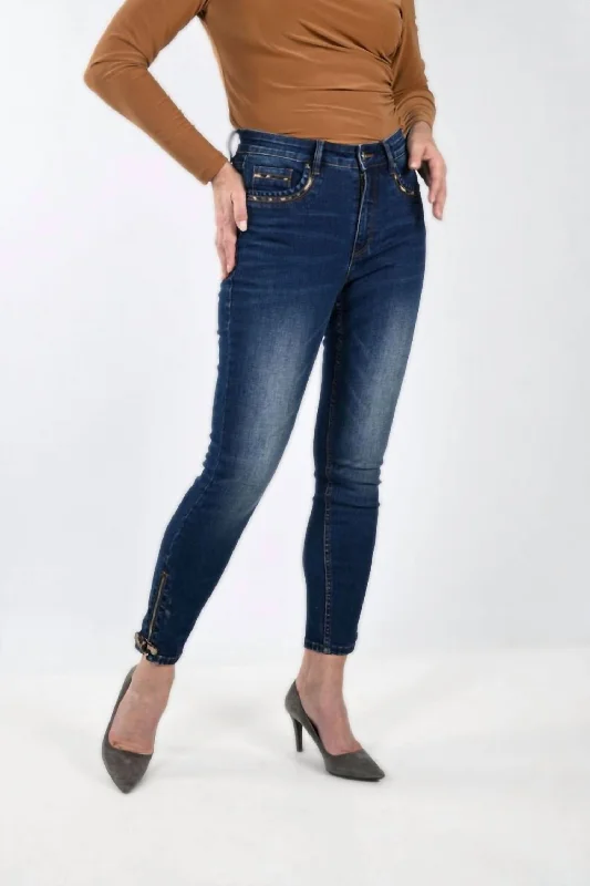 Trendy tight trousers for women with zipper details and edgy finish -Animal Print Denim Pant In Blue