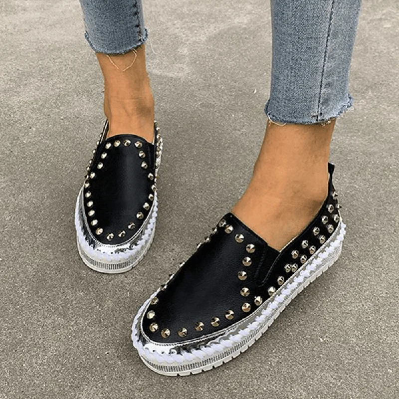 Comfortable loafers for women with memory foam footbeds and supportive fit-Women Stylish Rivet Solid Comfy Lining Soft Bottom Flat Casual Loafers Shoes