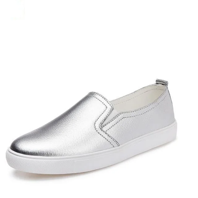 Loafers for women with tassel accents for added texture and personality-Spring Casual Women's Silver Genuine Leather Slip-on Flats Moccasins Loafers