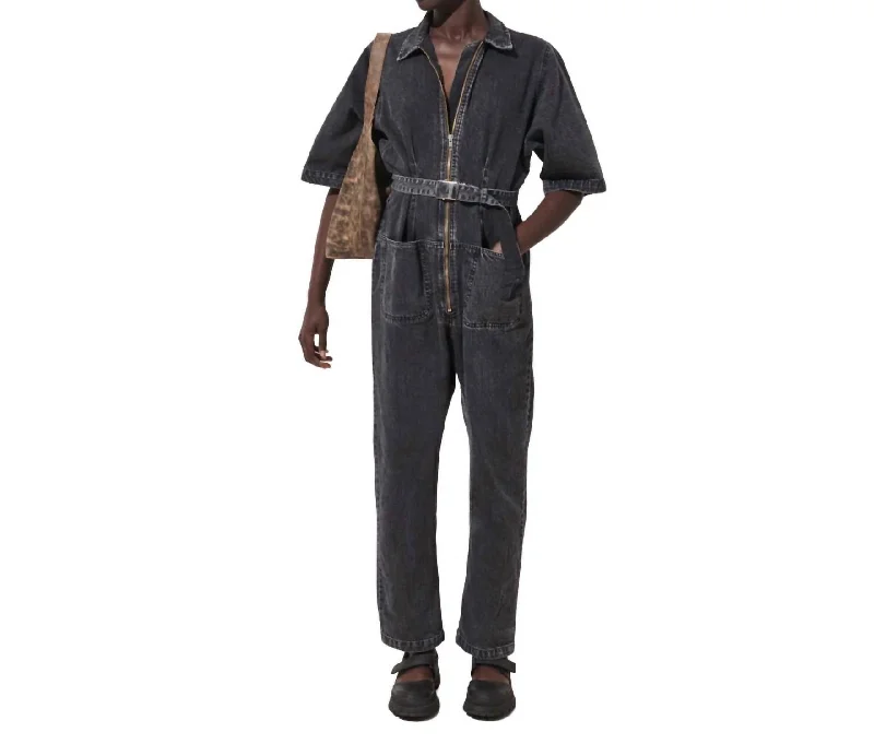 Color-block tight trousers for women with bold contrasts and modern flair -Drill Jumpsuit In Grey Denim