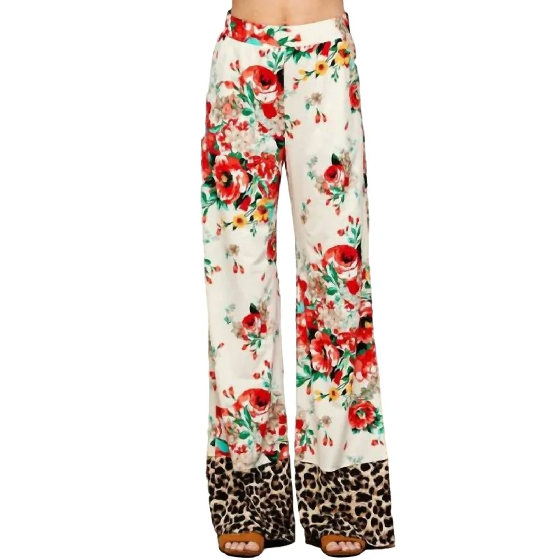 Cozy tight trousers for women with fleece-lined fabric for warmth during cold weather -Women's Palazzo Pants In Floral/leopard