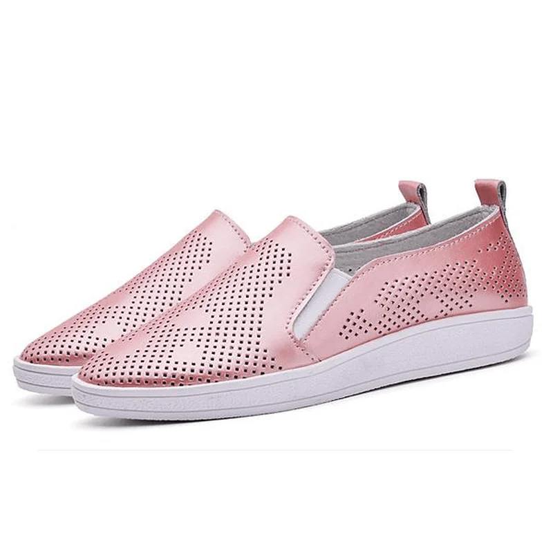 Casual loafers for women with perforated details for breathable comfort-Women Casual Breathable Loafers Hollow Out Slip-On Soft Sole Flat Shoes