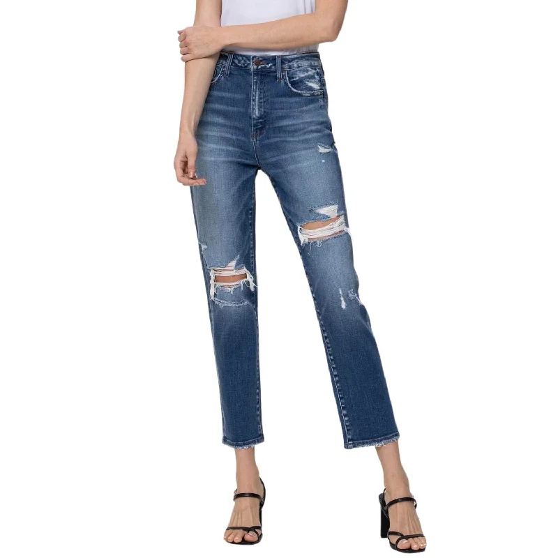 High-waisted tight trousers for women with slimming silhouette and smooth fit -Small Town Distressed Stretch Mom Jeans In Medium Wash