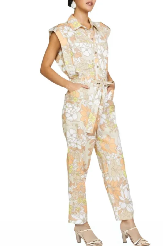 Stylish tight trousers for women with high-waisted fit for flattering look -Sleeveless Utility Button Down Jumpsuit In Floral Sand