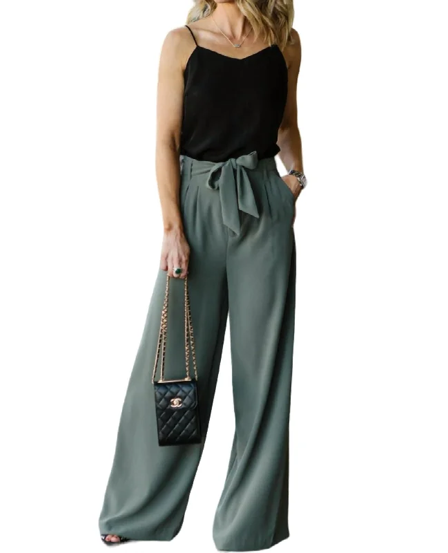 High-waisted tight trousers for women with tapered leg and vintage-inspired design -Wide Stride Tie Waist Trouser In Green