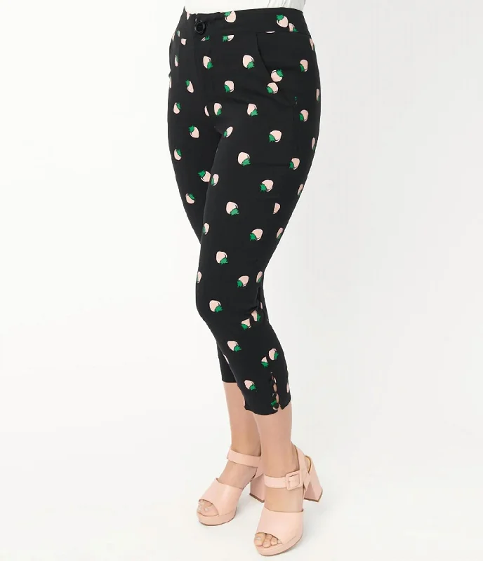 Stretch denim tight trousers for women with flexibility and stylish design -Strawberry Print Darienne Capris In Black