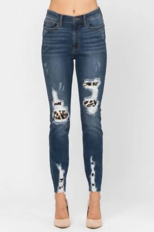 Stretch-fit tight trousers for women with all-over fit and body-hugging silhouette -Leopard Patch Jeans In Dark Wash