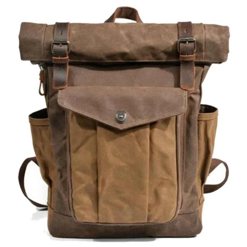 Lightweight foldable backpack for emergency backup use -Men's Vintage Cowhide and Canvas Top Rolled Explorer Backpack