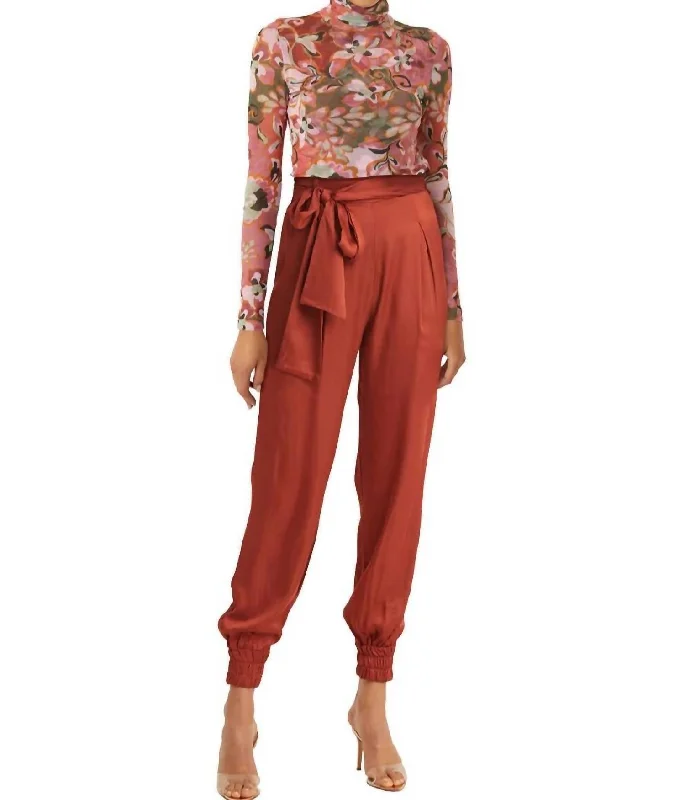 High-waisted tight trousers for women with pleated front and polished design -Vep Pant In Burnt Orange Satin