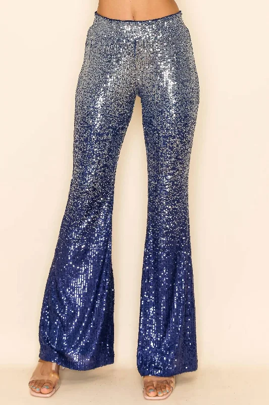 Cozy tight trousers for women with fleece-lined fabric for warmth during cold weather -Sequin Gradient Pants In Navy And Silver