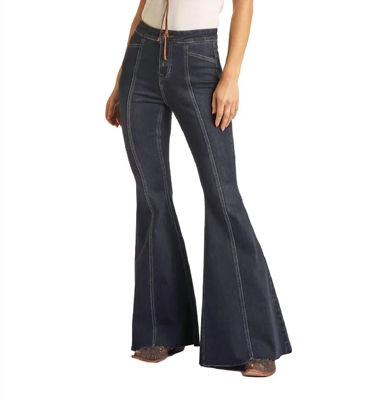 Tight trousers for women with decorative buttons and flattering silhouette for day wear -Cowgirl Front Seam Bargain Bell Flare Stretch Jean In Dark Wash