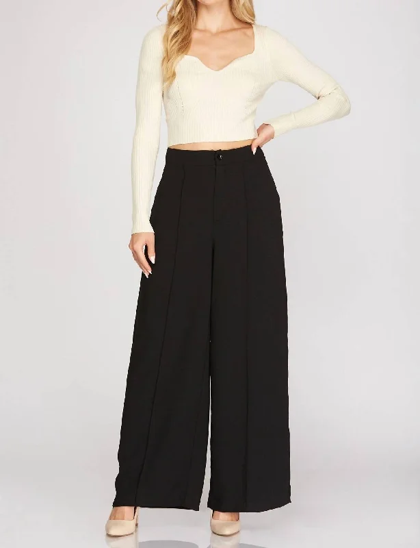 All-black tight trousers for women with simple, chic design for formal occasions -Woven Wide Pants In Black