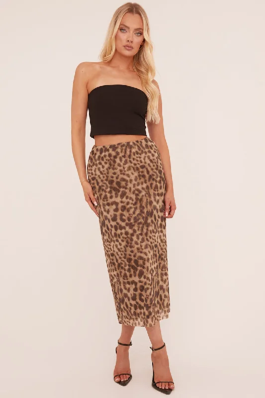 Ball Gown Dresses for Glamour -Beige Leopard Print Midi Skirt - Avina