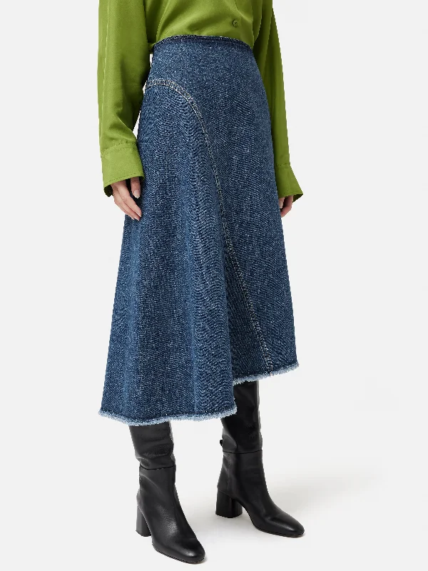 Linen Dresses for Breathable -Denim Frayed Midi Skirt | Indigo