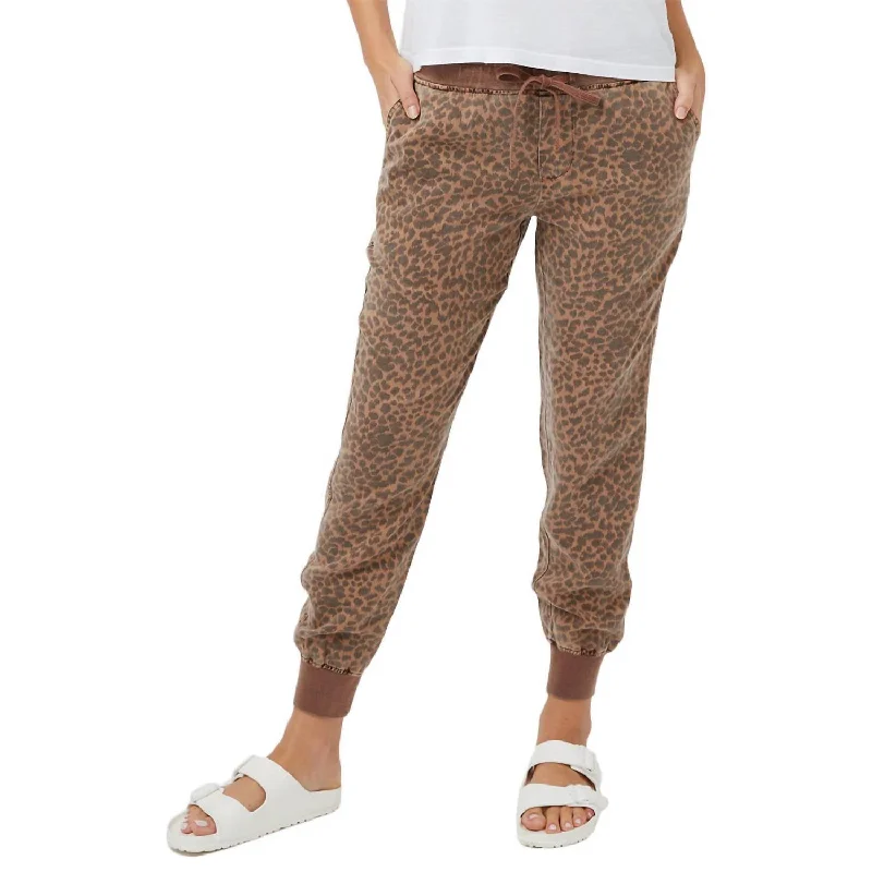 Tight trousers for women with faux leather material for sleek and modern look -Leopard Jogger In Latte