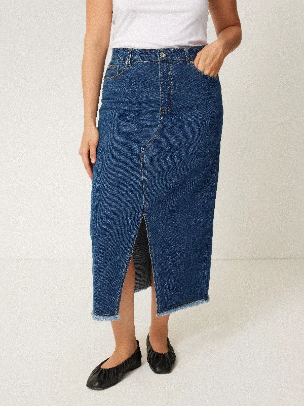 Zippered Dresses for Convenience -Denim Maxi Split Front Skirt | Vintage Mid Blue