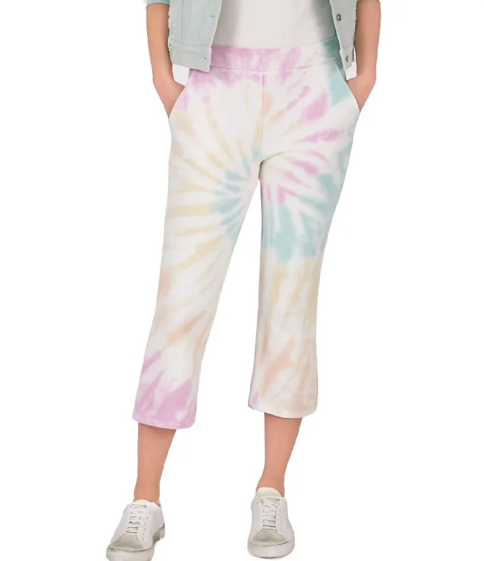 Stretchy knit tight trousers for women with soft fabric and relaxed fit -Cropped Flare Tie Dye Sweatpants In White