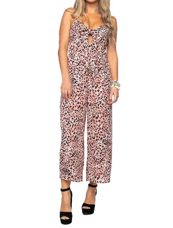 Light denim tight trousers for women with casual fit and comfortable material -Animal Print Jumpsuit In Pink