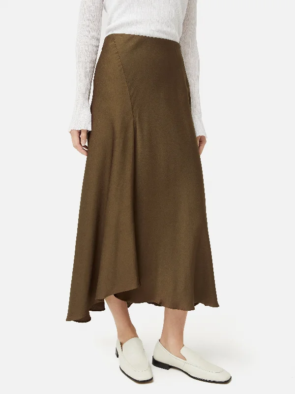 Lace Dresses for Delicate -Satin Bias Asymmetric Skirt | Dark Khaki