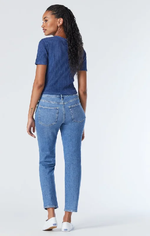 Trendy tight trousers for women with zipper details and edgy finish -SOHO GIRLFRIEND JEANS IN MID DISTRESSED RECYCLED BLUE