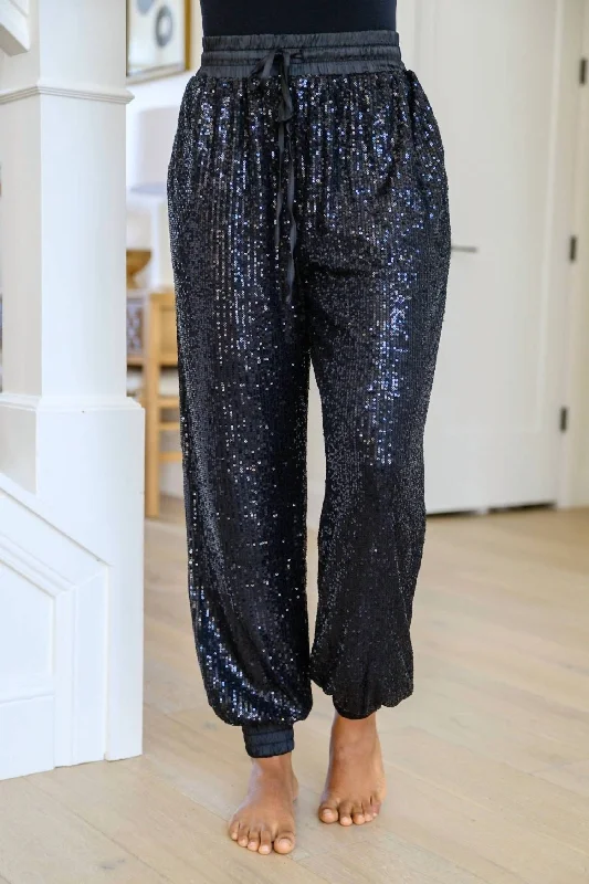 Boho-inspired tight trousers for women with earthy tones and relaxed fit -Life Of The Party Sequin Pants In Black