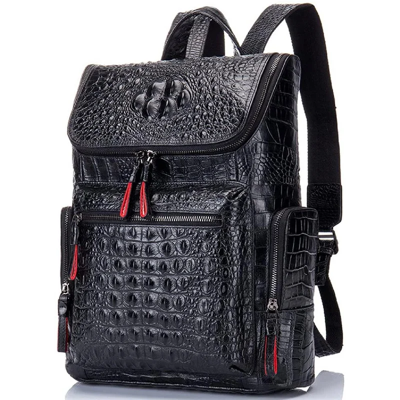 Padded shoulder backpack for comfortable long wear -FR Fashion Co. 13" Men's Leather Crocodile Design Backpack