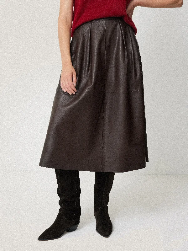 Zippered Dresses for Convenience -Leather Pleat Midi Skirt | Brown