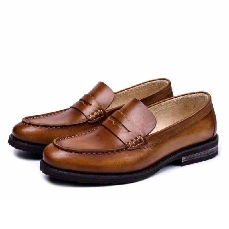 Loafers for men with smooth leather and minimalist design for office wear-Business Genuine Leather Retro Breathable Slip On Loafers Shoes for Men