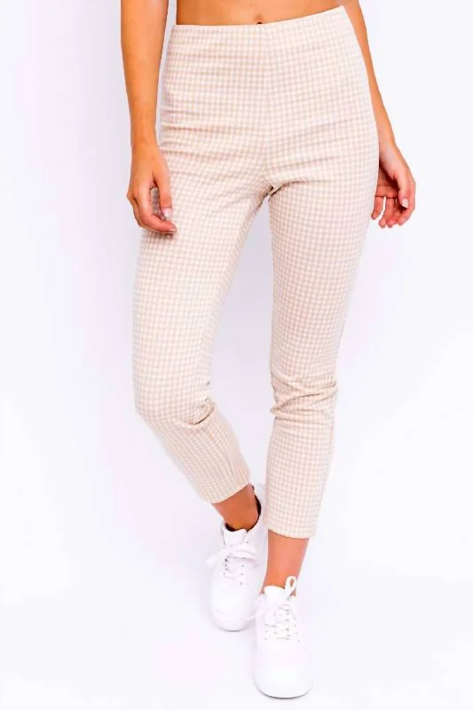 Boho-inspired tight trousers for women with earthy tones and relaxed fit -Retro Checker Pants In Pink