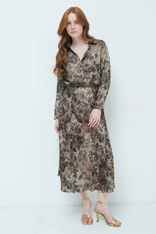 Minimalist Dresses for Simplicity -Long sleeve floral midi skirt wholesale