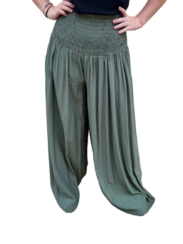 Casual tight trousers for women with cotton blend fabric for easy everyday wear -Honora Smocked Waist Palazzo Pants In Sage