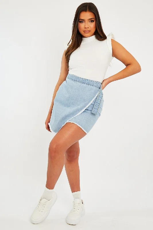 Mini Dresses for Youthful Look -Light Blue Wrap Ring Fastening Denim Mini Skirt - Hestia