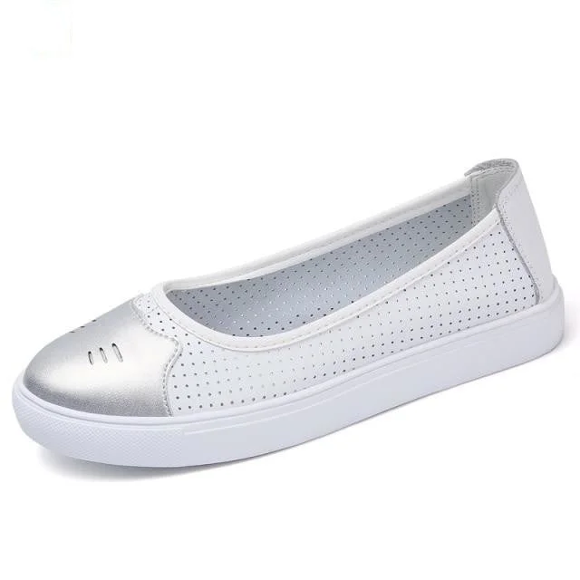 Casual loafers for women with rubber soles and comfortable slip-on style-Casual Women's Cute White Genuine Leather Slip-on Flats Moccasins Loafers