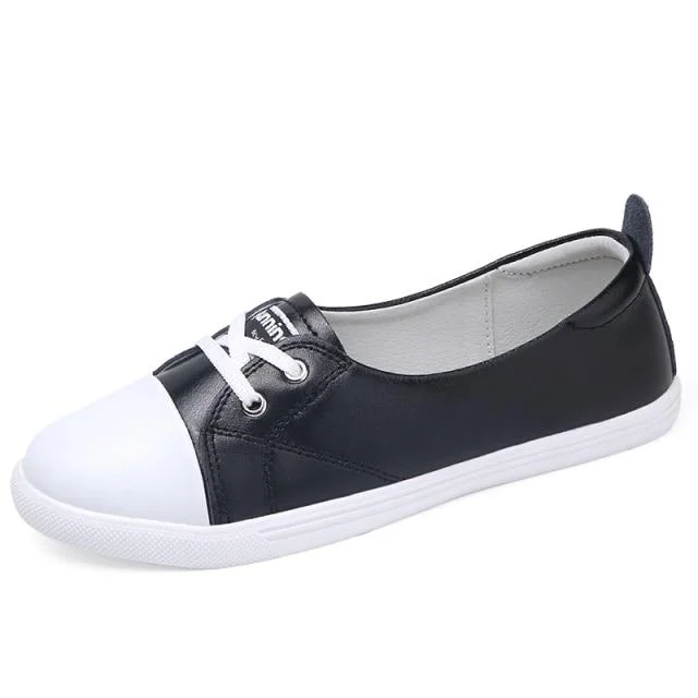 Luxury loafers for women with crocodile print leather and high-end appeal-Casual Women's Black White Genuine Leather Slip-on Flats Moccasins Loafers