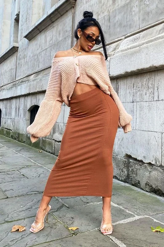 Strapless Dresses for Glamorous -Brown Ribbed Midi Skirt - Dixie