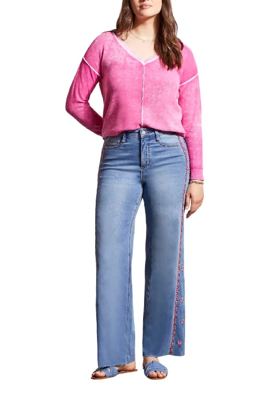 Tapered tight trousers for women with ankle-length fit and minimalist style -Brooke Hugging Side Embroidered Jeans In Blue Lotus