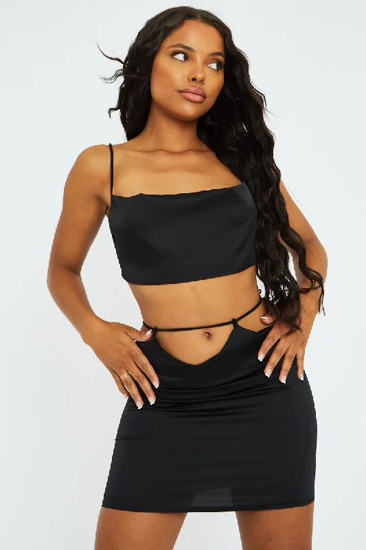 Halter Dresses for Chic Style -Black Satin Tie Detail Mini Skirt - Vana