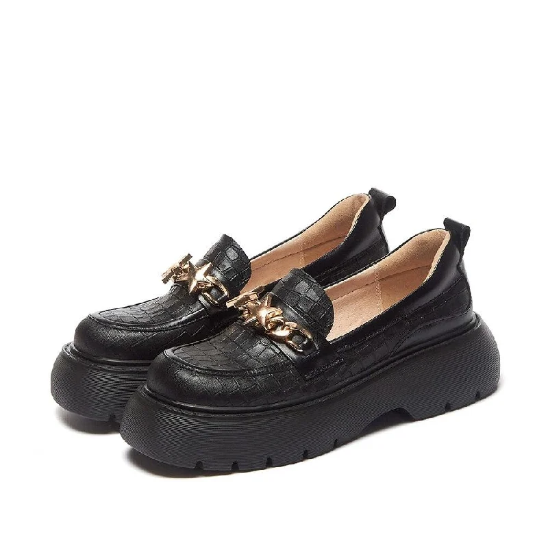 Loafers for women with buckle details and polished leather finish-Gothic Women's Genuine Leather Brown Flats Loafers Shoes with Golden Chains