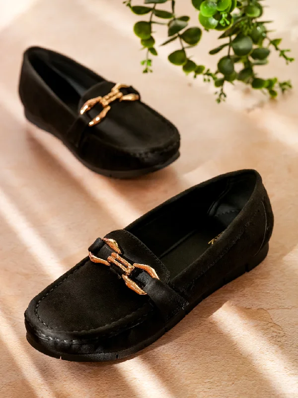 Loafers for men with structured leather and smooth finishes for sophistication-Women Black Suede Buckled Loafers