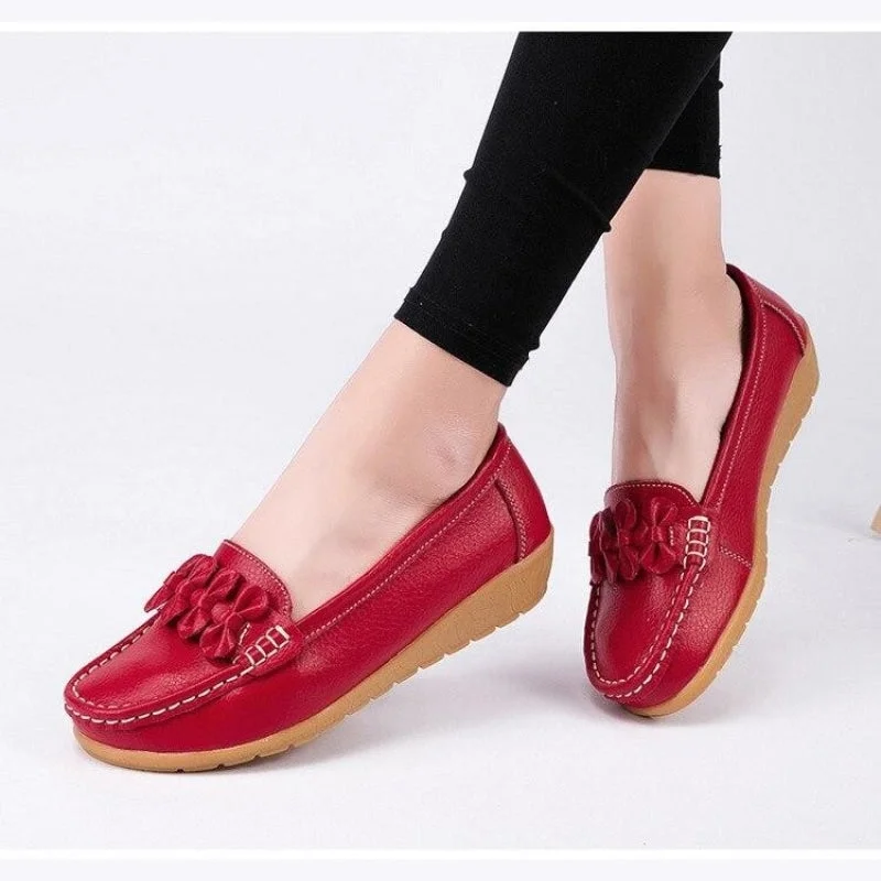 Loafers for men with contrast stitching and modern design details-Spring Autumn Fashion Women's Red Solid Soft Genuine Leather Slip-on Loafers