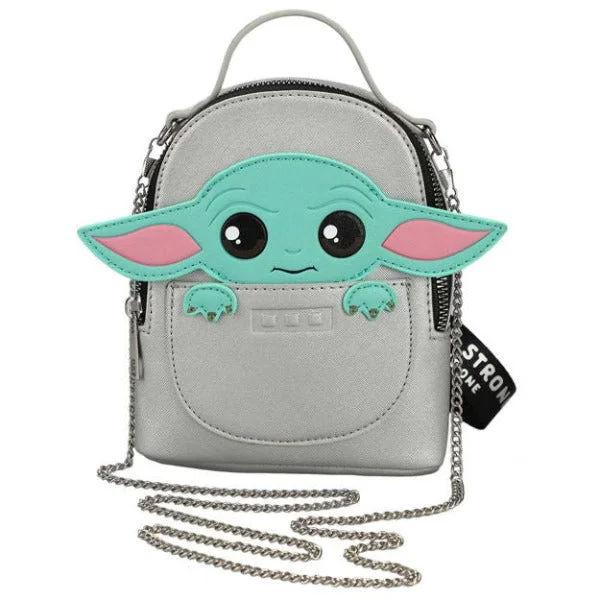 Retro canvas backpack with leather strap details -Star Wars The Mandalorian Baby Yoda Grogu Mini Wristlet Faux Leather Silver Bag with Crossbody Chain